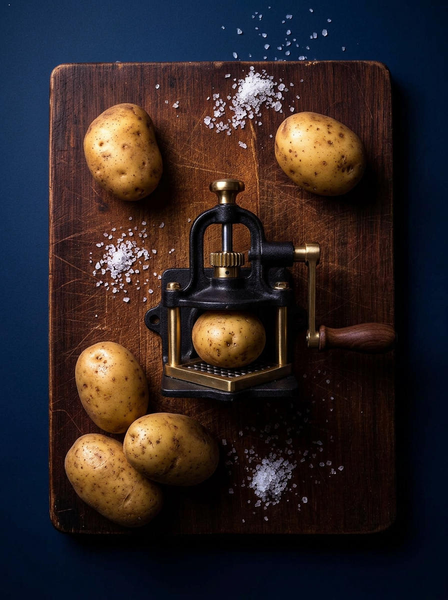 Batatas frescas e máquina manual de corte sobre tábua de madeira
